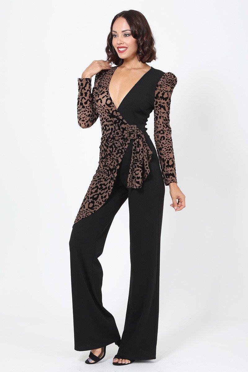 Plunging V Buckle Detail Leopard Jumpsuit king-general-store-5710.myshopify.com