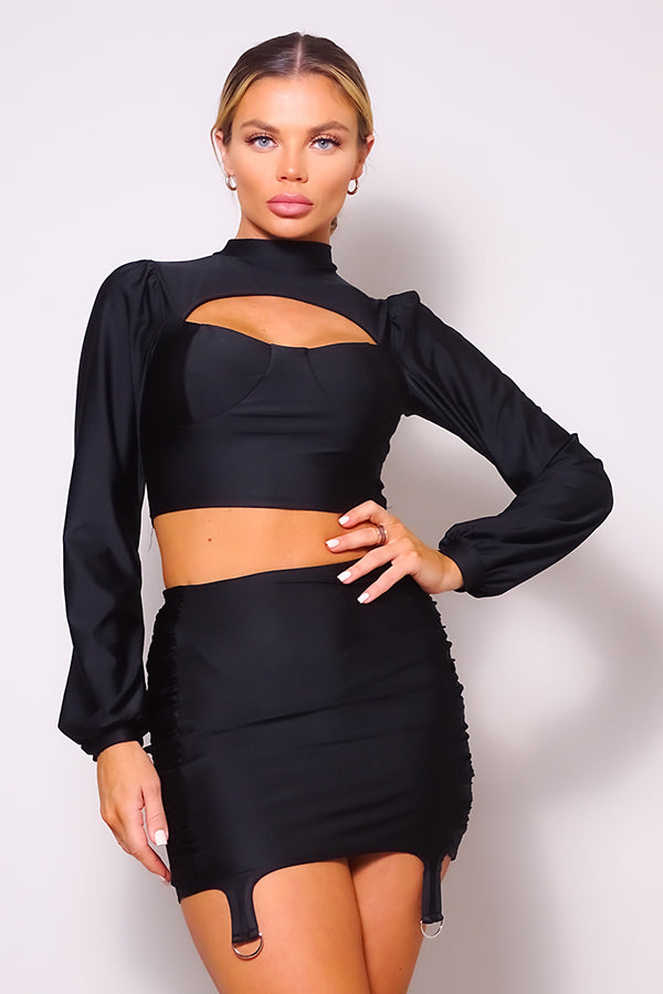 Puff Long Sleeve Front Cutout Turtleneck Blouse & Side Ruched Garter Mini Skirt Set king-general-store-5710.myshopify.com