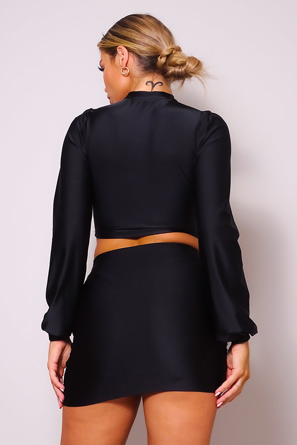 Puff Long Sleeve Front Cutout Turtleneck Blouse & Side Ruched Garter Mini Skirt Set king-general-store-5710.myshopify.com