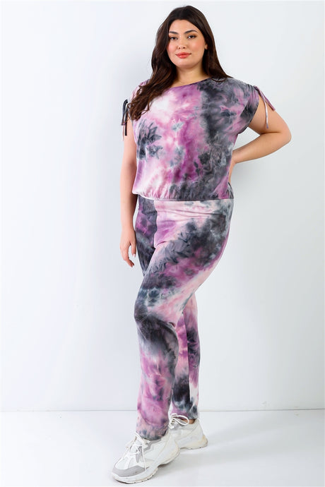 Plus Purple & Black Tie-dye Ruched Shoulder Detail Top & Pants Set king-general-store-5710.myshopify.com