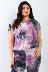 Plus Purple & Black Tie-dye Ruched Shoulder Detail Top & Pants Set king-general-store-5710.myshopify.com