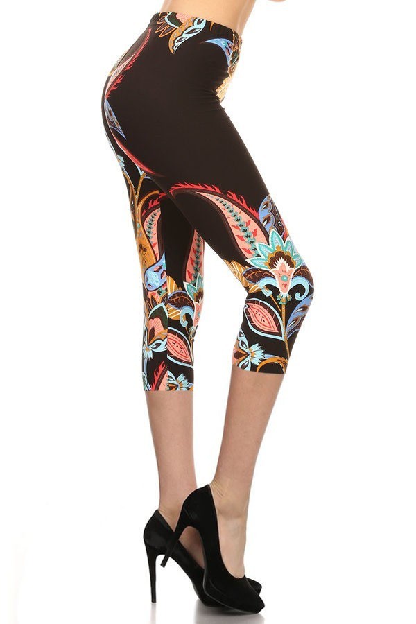 Paisley Floral Pattern Printed Lined Knit Capri Leggings king-general-store-5710.myshopify.com