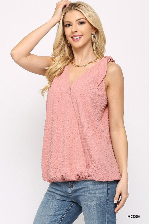 Solid Textured And Sleeveless Surplice Top With Shoulder Tie king-general-store-5710.myshopify.com