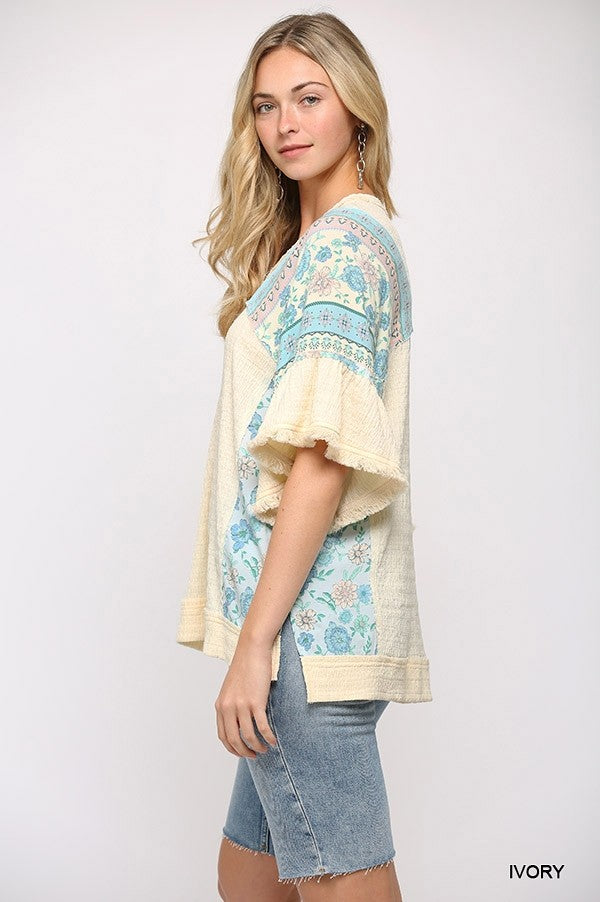 Texture Knit And Print Mixed Hi Low Hem Top 2 king-general-store-5710.myshopify.com