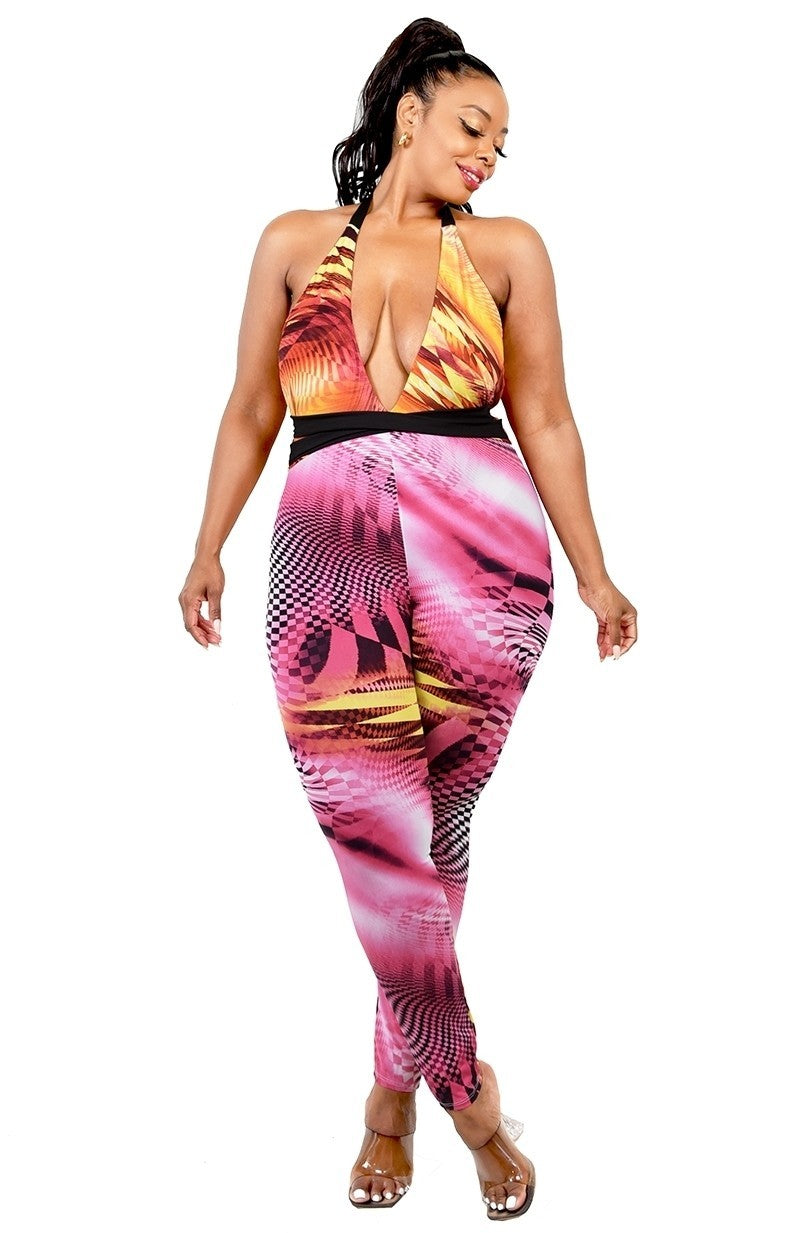 Plus Color Pattern Criss Cross Mock Neck Jumpsuit king-general-store-5710.myshopify.com