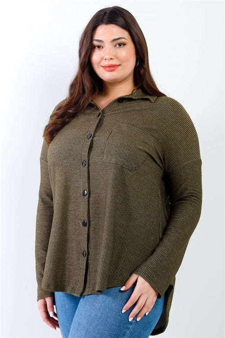 Plus Black Ribbed Collared Button Up Shirt Top 1 king-general-store-5710.myshopify.com
