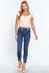 Short Sleeve Front Tie Ruched Detail Woven Top king-general-store-5710.myshopify.com