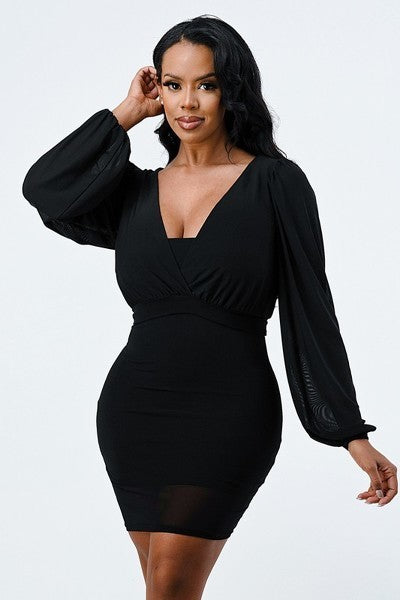 Lux Mesh Layered Lining V Neck Bubble Sleeve Bodycon Dress king-general-store-5710.myshopify.com