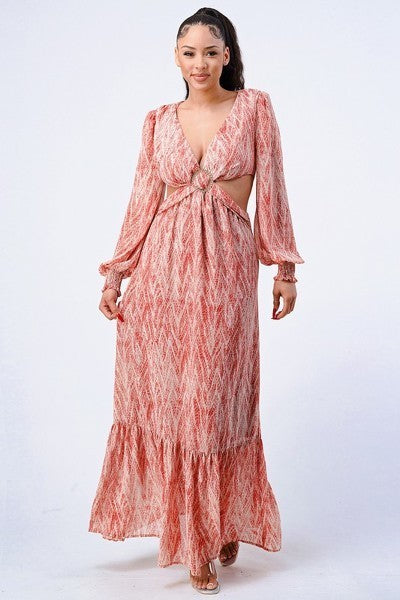 Terracotta Printed V Neck Self Belted Side Cut Out Ruffled Maxi Dress