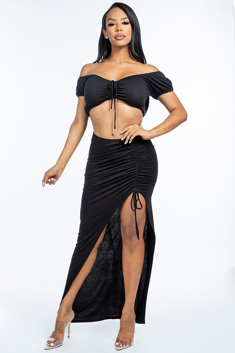 Solid Ruched Front Off The Shoulder Short Sleeve Cropped Top And Side Ruched Asymmetrical Skirt Two Piece Set king-general-store-5710.myshopify.com