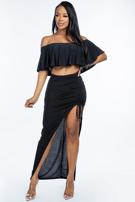 Solid Ity Off The Shoulder Ruffled Cropped Top And Ruched Maxi Skirt Two Piece Set king-general-store-5710.myshopify.com