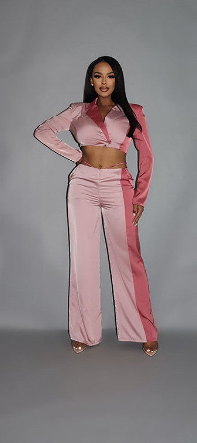 Blush Colorblock Crop Blazer With Matching Low Rise Wide Leg Pant Set With Pockets king-general-store-5710.myshopify.com