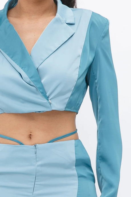 Blue Colorblock Crop Blazer With Matching Low Rise Wide Leg Pant Set With Pockets king-general-store-5710.myshopify.com