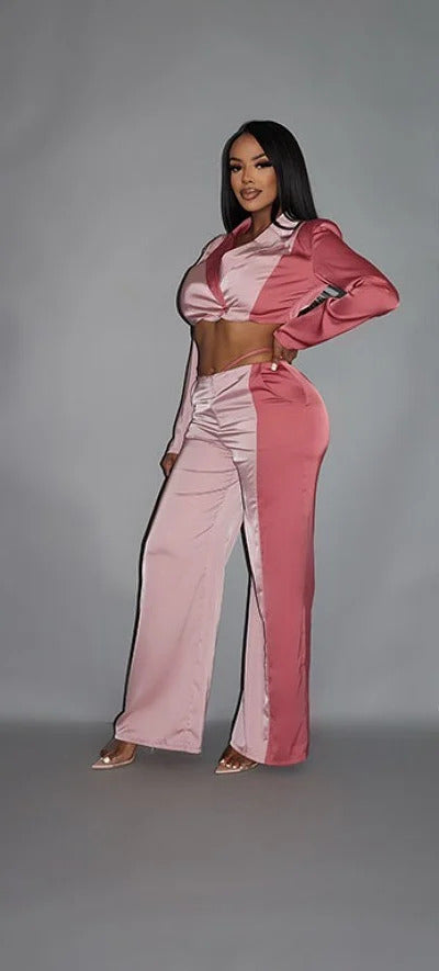 Blush Colorblock Crop Blazer With Matching Low Rise Wide Leg Pant Set With Pockets king-general-store-5710.myshopify.com