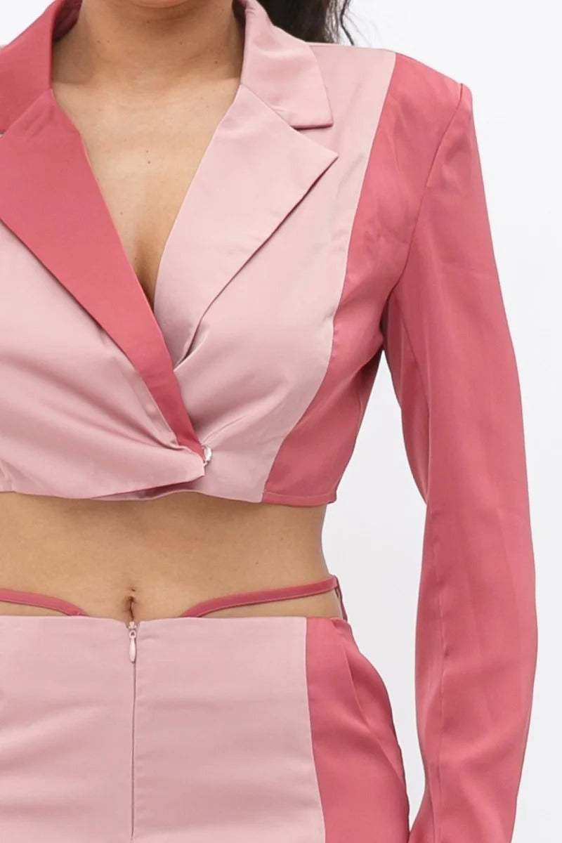 Blush Colorblock Crop Blazer With Matching Low Rise Wide Leg Pant Set With Pockets king-general-store-5710.myshopify.com