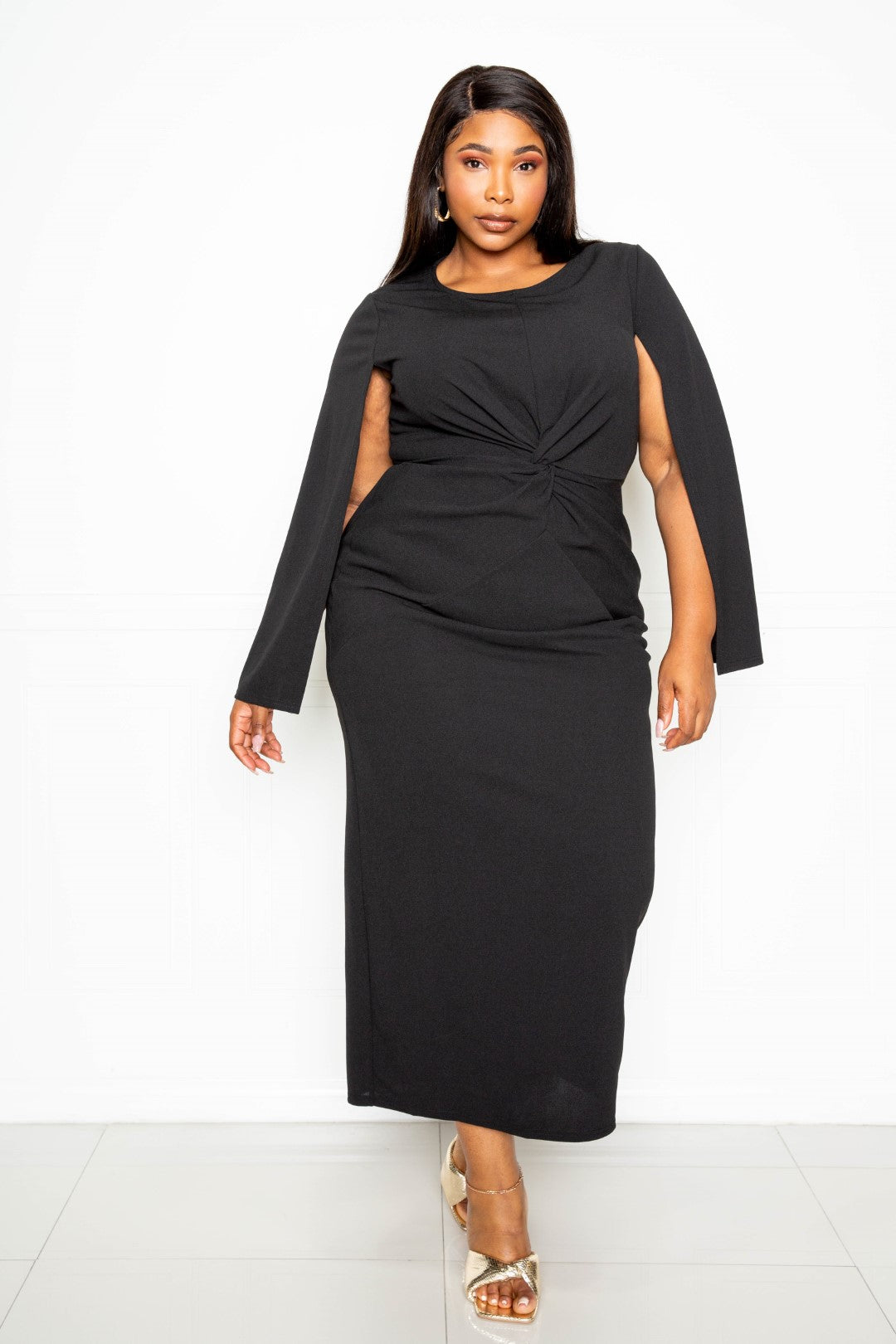 Black Cape Sleeve Dress With Knot Detail king-general-store-5710.myshopify.com