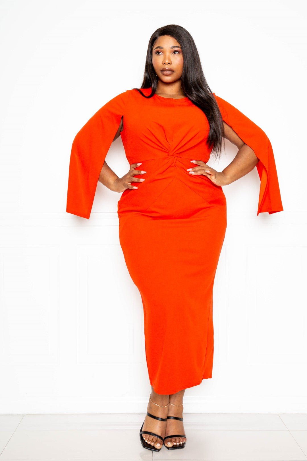 Orange Red Cape Sleeve Dress With Knot Detail king-general-store-5710.myshopify.com