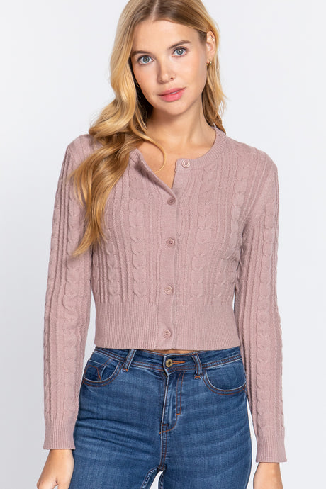 Crew Neck Cable Sweater Cardigan in Beige Pink king-general-store-5710.myshopify.com