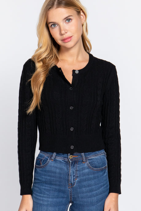 Crew Neck Cable Sweater Cardigan in Black king-general-store-5710.myshopify.com