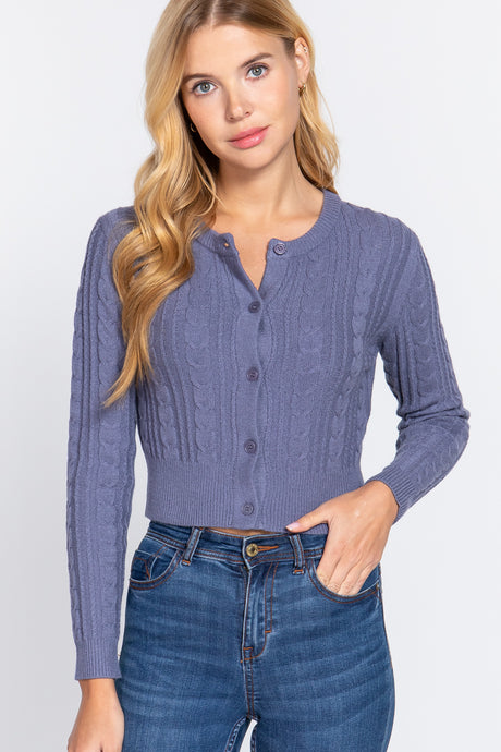 Crew Neck Cable Sweater Cardigan in Gloomy Blue king-general-store-5710.myshopify.com