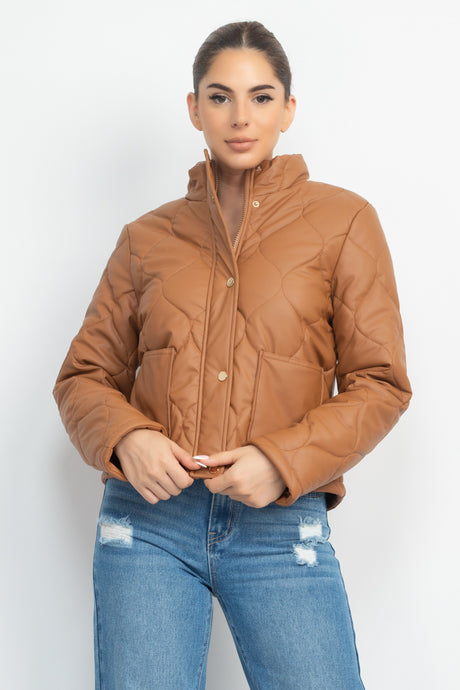 Camel Mock Neck Quilted Jacket king-general-store-5710.myshopify.com