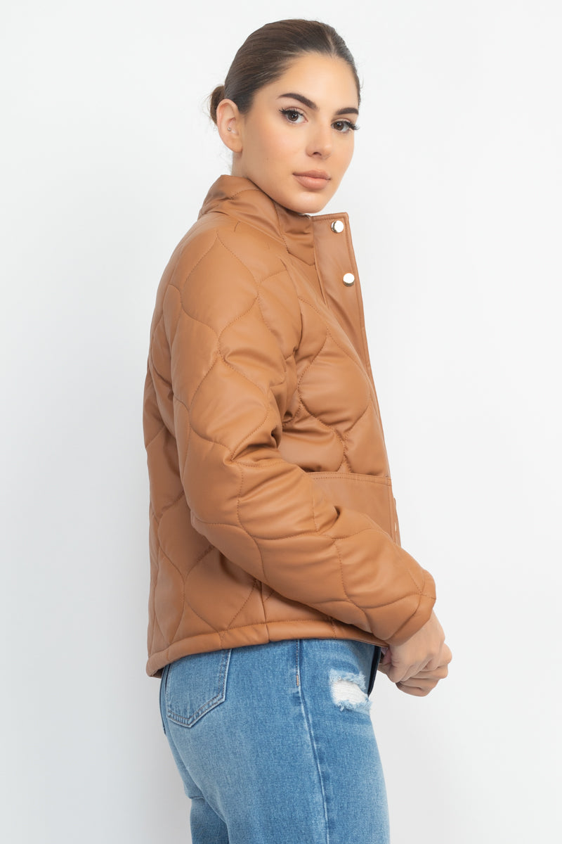 Camel Mock Neck Quilted Jacket king-general-store-5710.myshopify.com