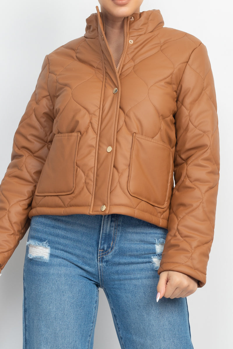 Camel Mock Neck Quilted Jacket king-general-store-5710.myshopify.com