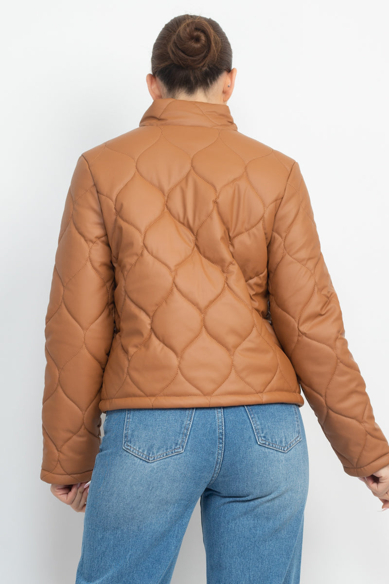 Camel Mock Neck Quilted Jacket king-general-store-5710.myshopify.com