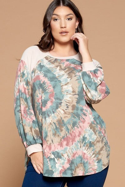 Plus Size Tie Dye French Terry Print Balloon Sleeve Top king-general-store-5710.myshopify.com
