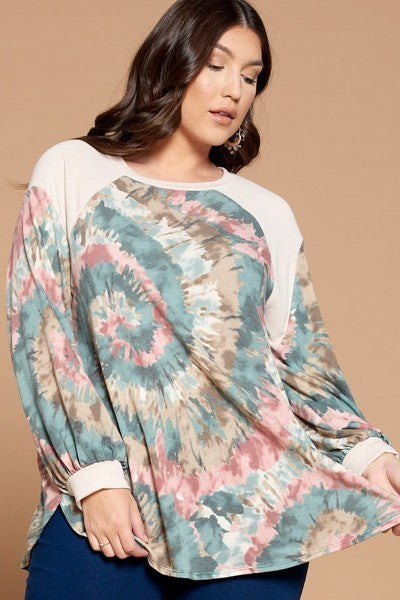 Plus Size Tie Dye French Terry Print Balloon Sleeve Top king-general-store-5710.myshopify.com