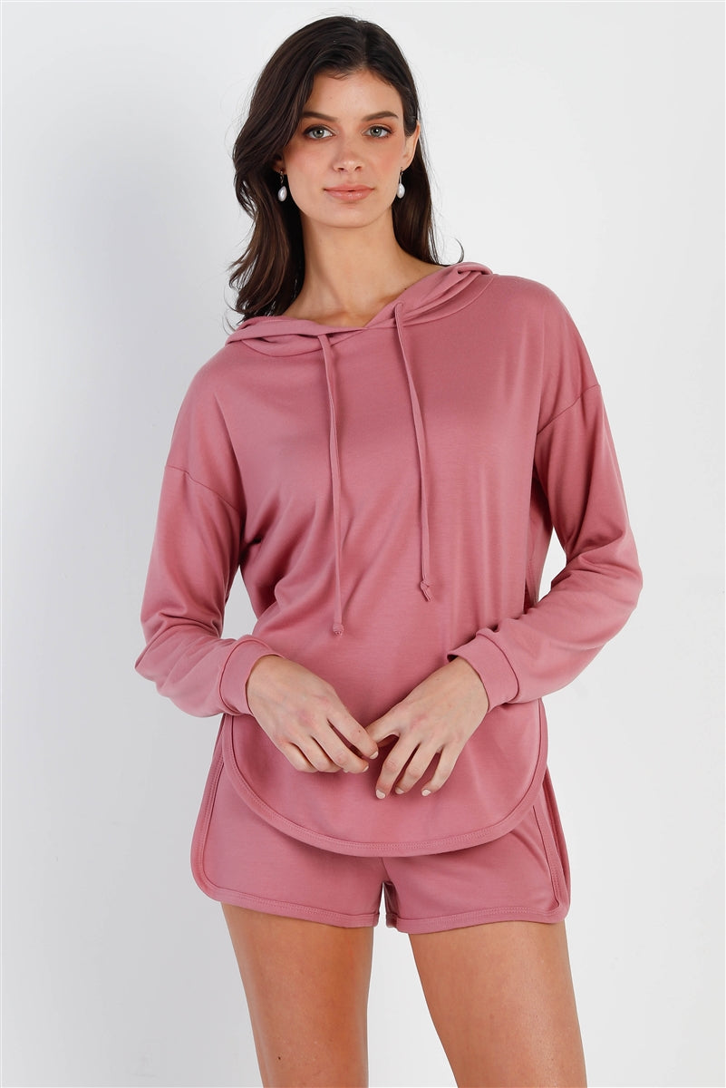 Racer Back Detail Long Sleeve Hooded Top & Short Set Mauve king-general-store-5710.myshopify.com