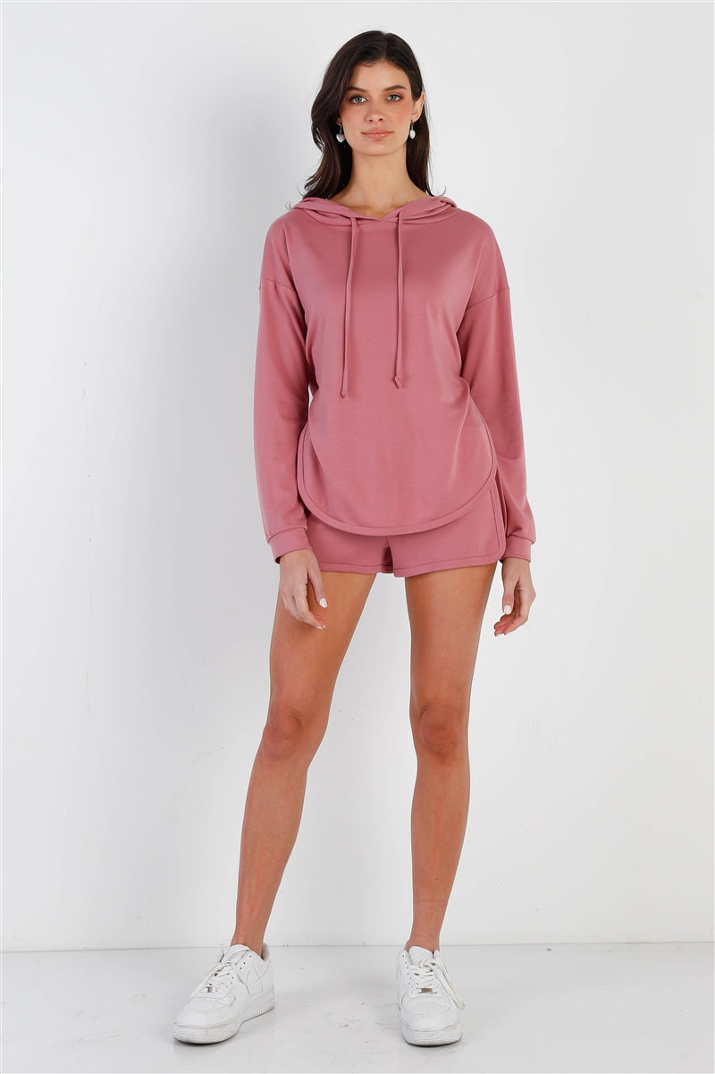 Racer Back Detail Long Sleeve Hooded Top & Short Set Mauve king-general-store-5710.myshopify.com