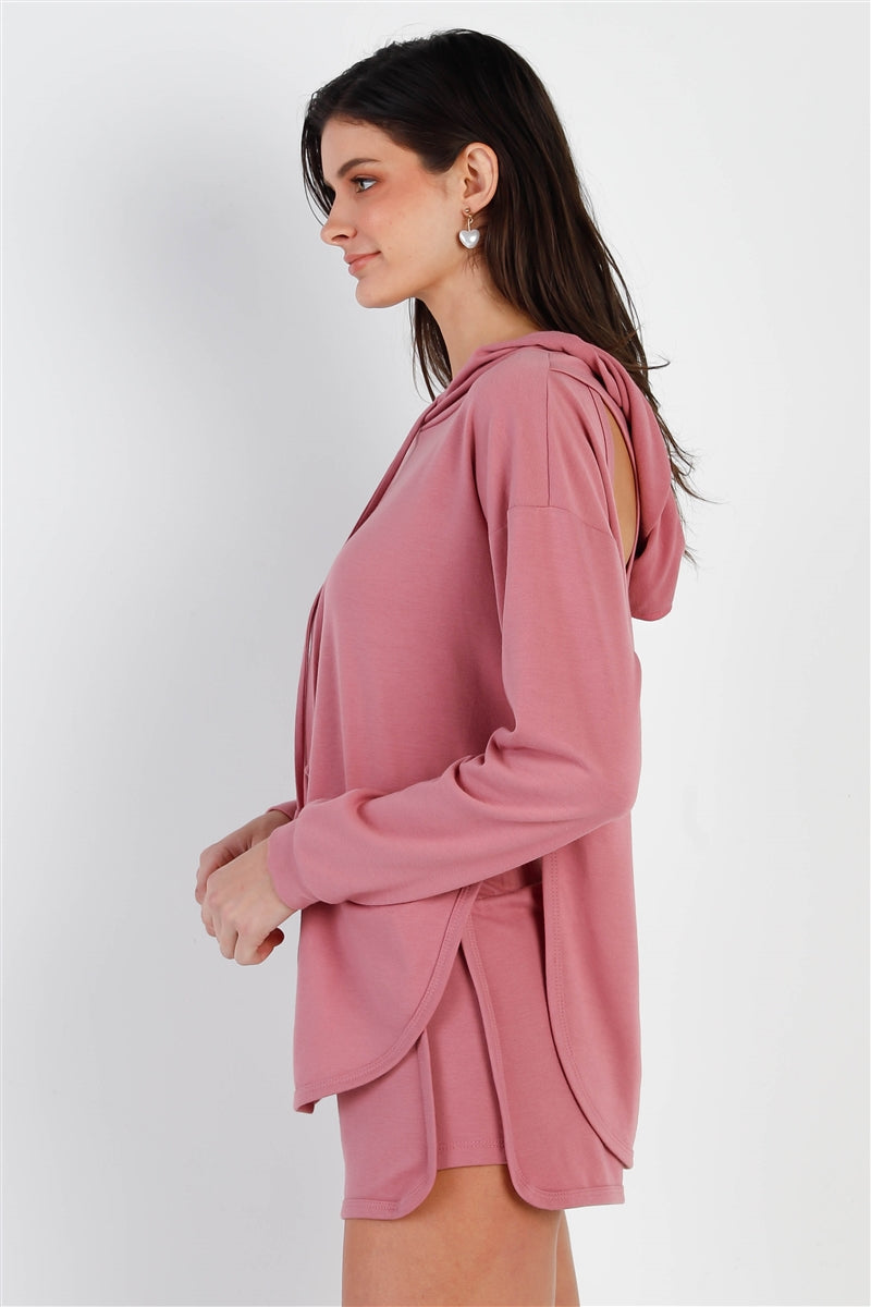 Racer Back Detail Long Sleeve Hooded Top & Short Set Mauve king-general-store-5710.myshopify.com