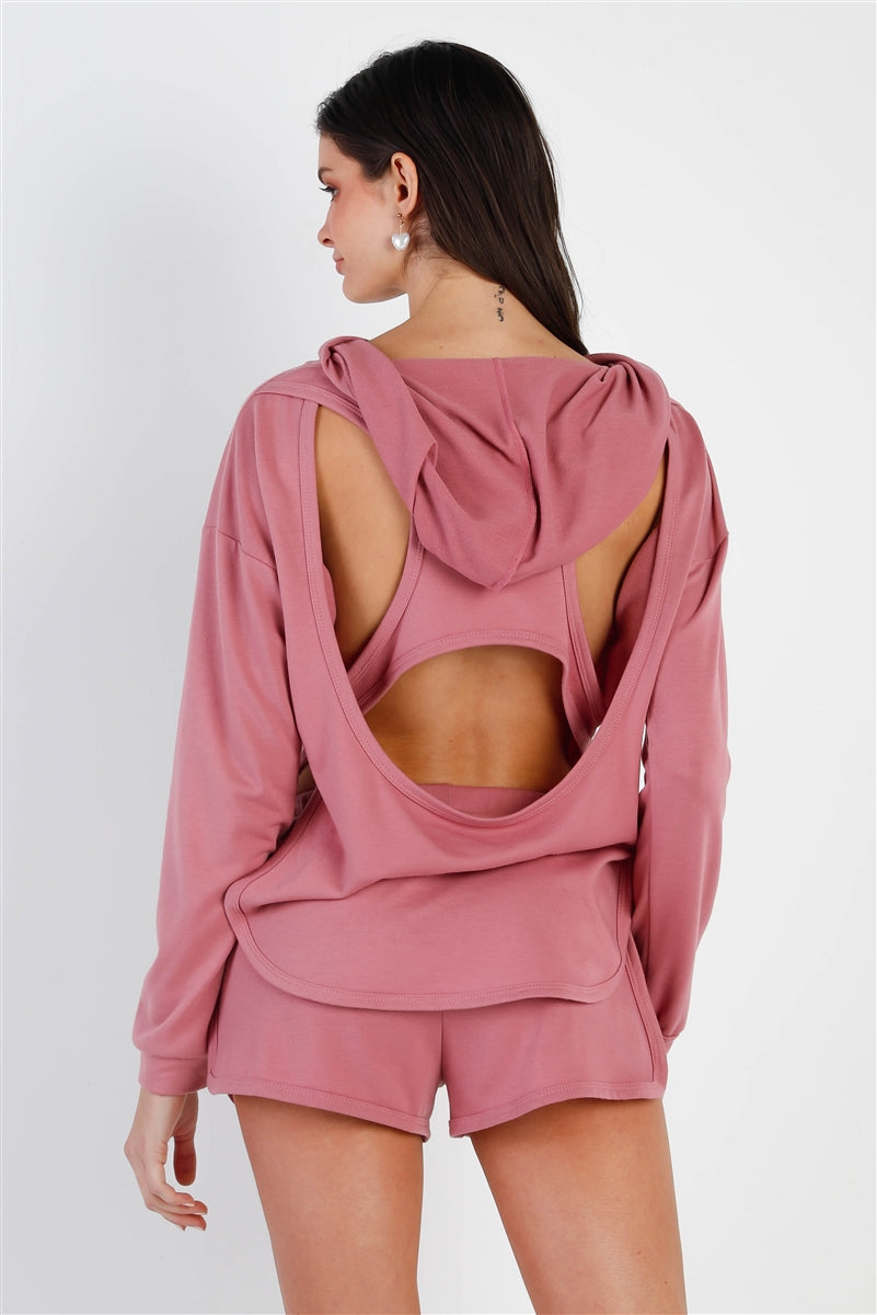 Racer Back Detail Long Sleeve Hooded Top & Short Set Mauve king-general-store-5710.myshopify.com