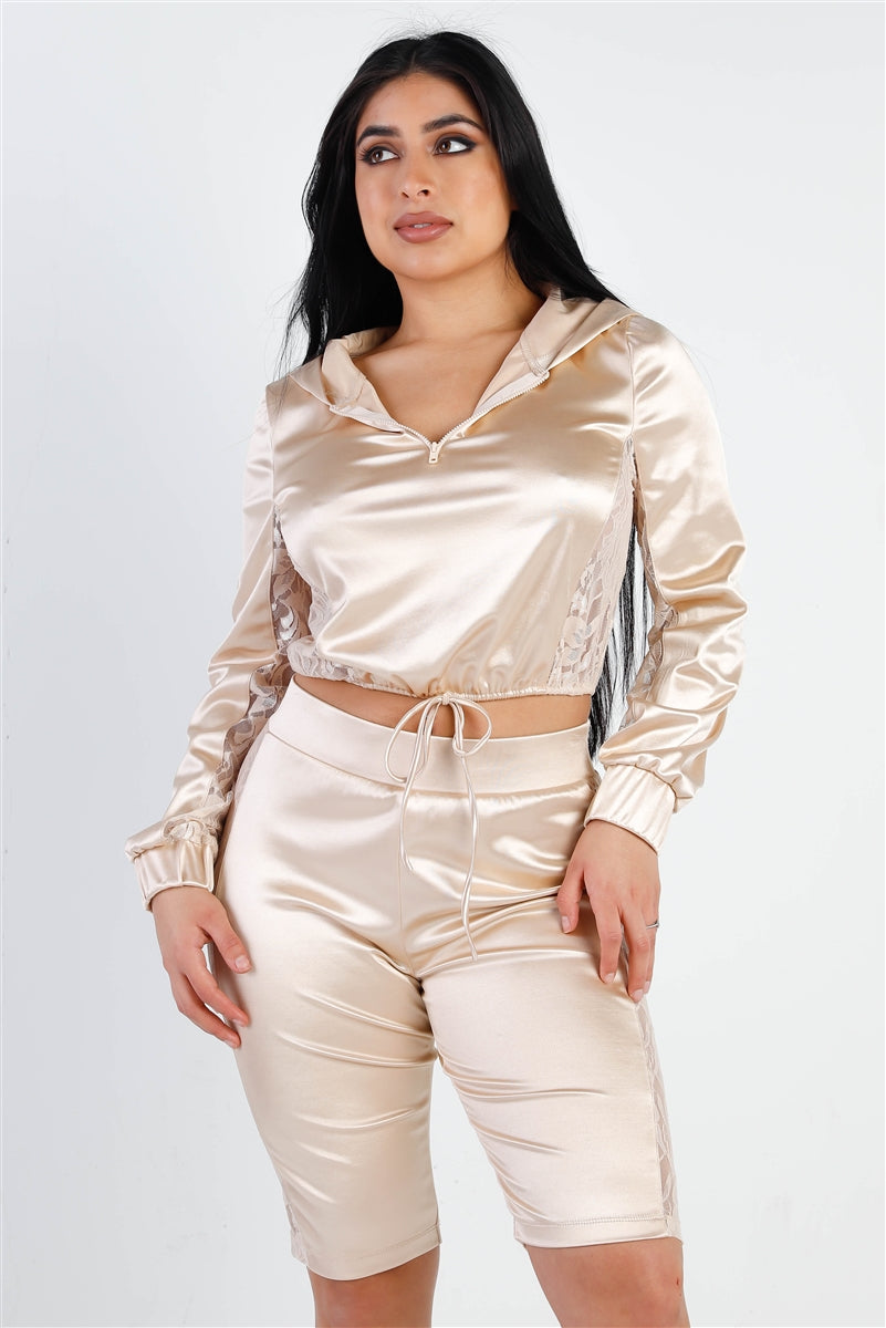 Satin Lace Details Long Sleeve Hooded Crop Top & Biker Short Set Champagne king-general-store-5710.myshopify.com