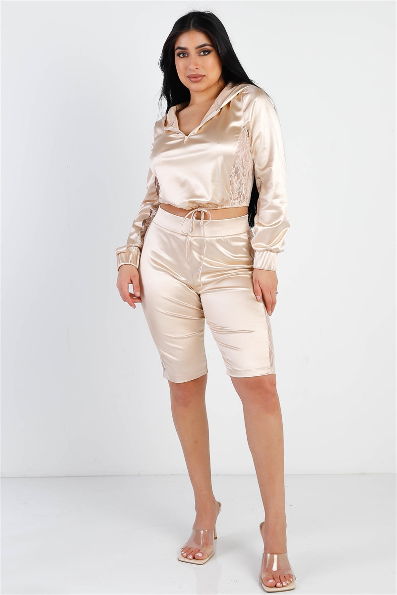 Satin Lace Details Long Sleeve Hooded Crop Top & Biker Short Set Champagne king-general-store-5710.myshopify.com