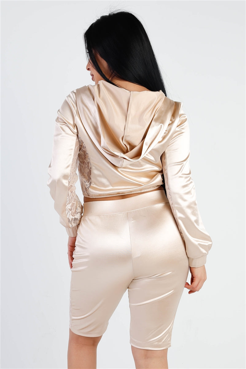 Satin Lace Details Long Sleeve Hooded Crop Top & Biker Short Set Champagne king-general-store-5710.myshopify.com