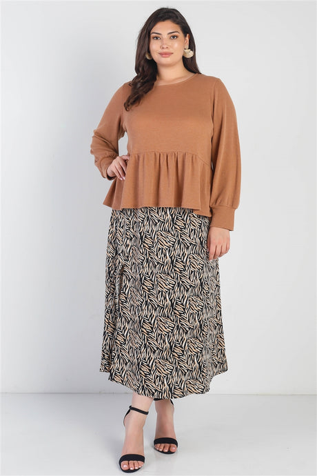 Plus Caramel Waffle Knit Back Button Detail Long Sleeve Top king-general-store-5710.myshopify.com