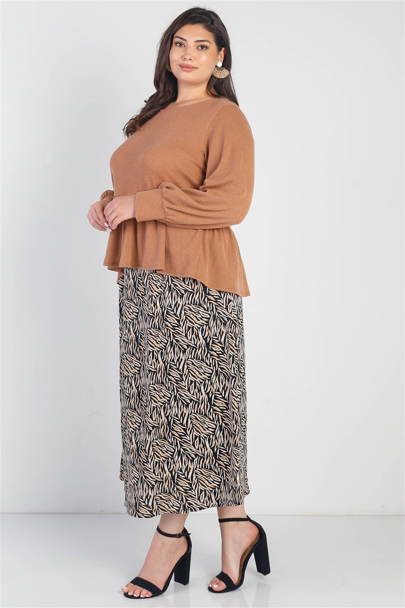 Plus Caramel Waffle Knit Back Button Detail Long Sleeve Top king-general-store-5710.myshopify.com