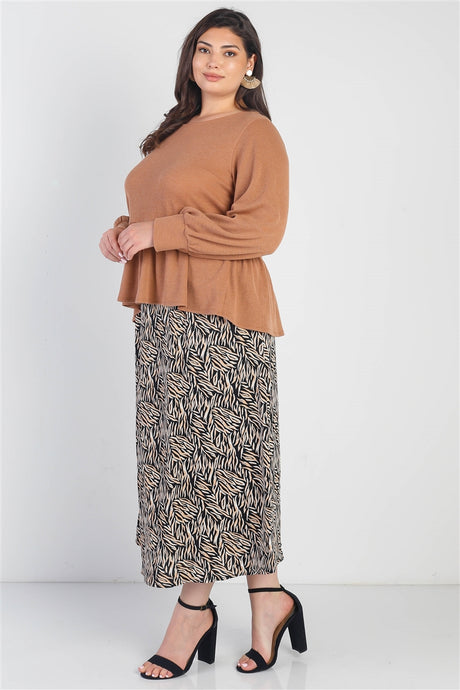 Plus Caramel Waffle Knit Back Button Detail Long Sleeve Top king-general-store-5710.myshopify.com