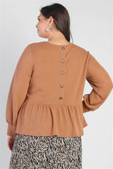 Plus Caramel Waffle Knit Back Button Detail Long Sleeve Top king-general-store-5710.myshopify.com