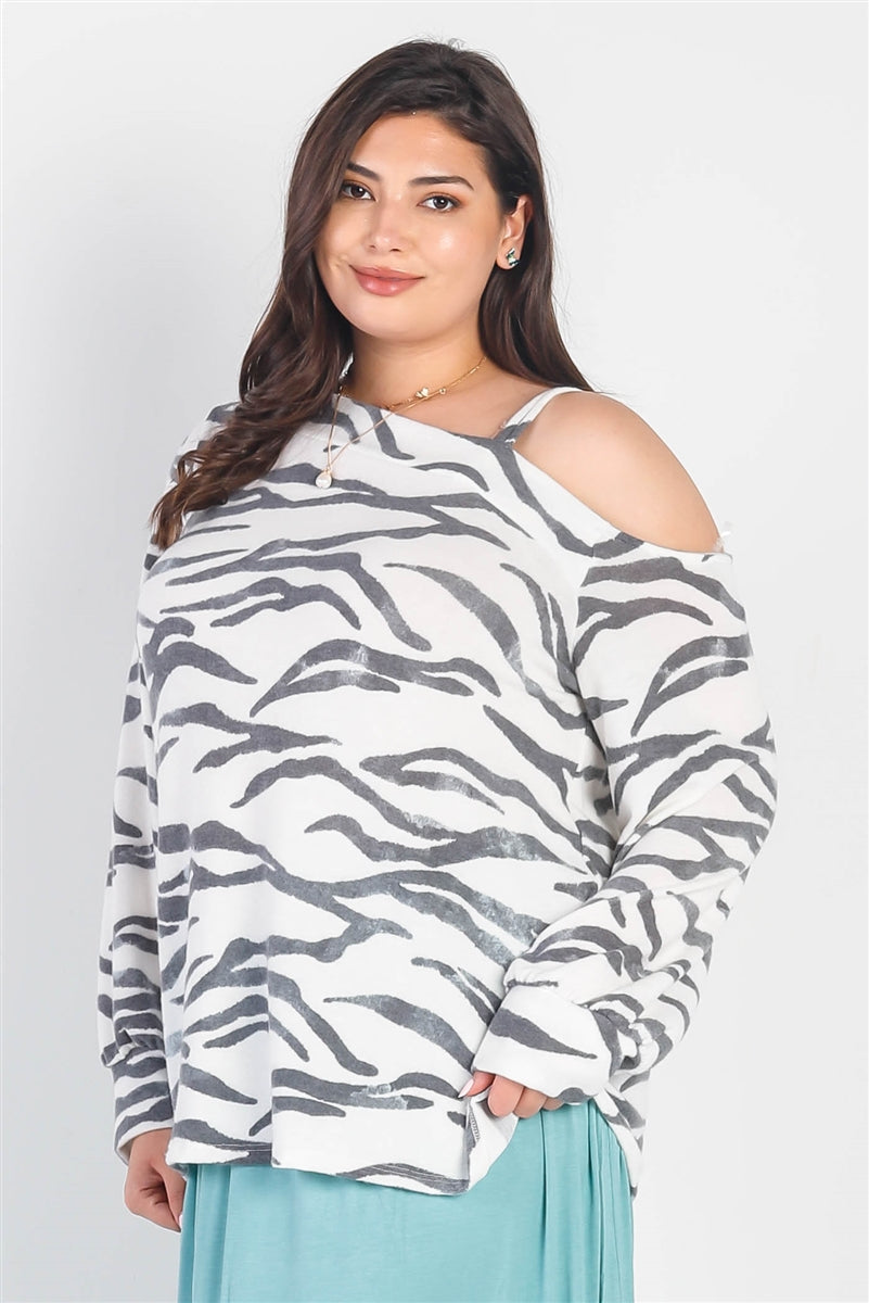 Plus White & Charcoal Zebra Flannel Cold Shoulder Long Sleeve Top king-general-store-5710.myshopify.com