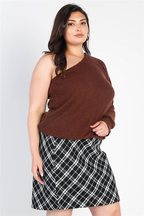 Plus Brown Ribbed Textured One Shoulder Top king-general-store-5710.myshopify.com
