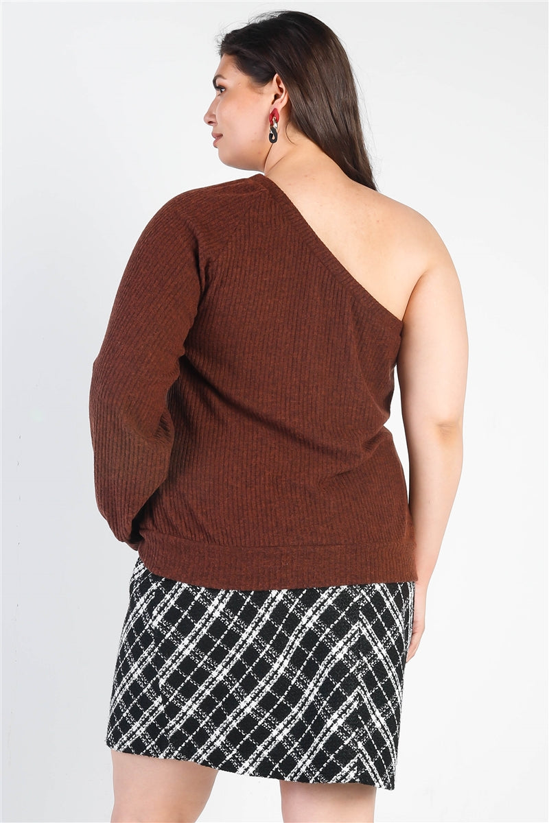 Plus Brown Ribbed Textured One Shoulder Top king-general-store-5710.myshopify.com