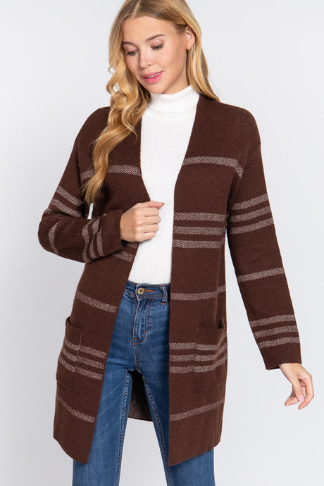 Dolman Sleeve Stripe Open Sweater Cardigan in Brown/Cream king-general-store-5710.myshopify.com