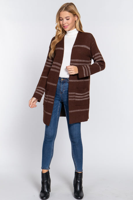 Dolman Sleeve Stripe Open Sweater Cardigan in Brown/Cream king-general-store-5710.myshopify.com