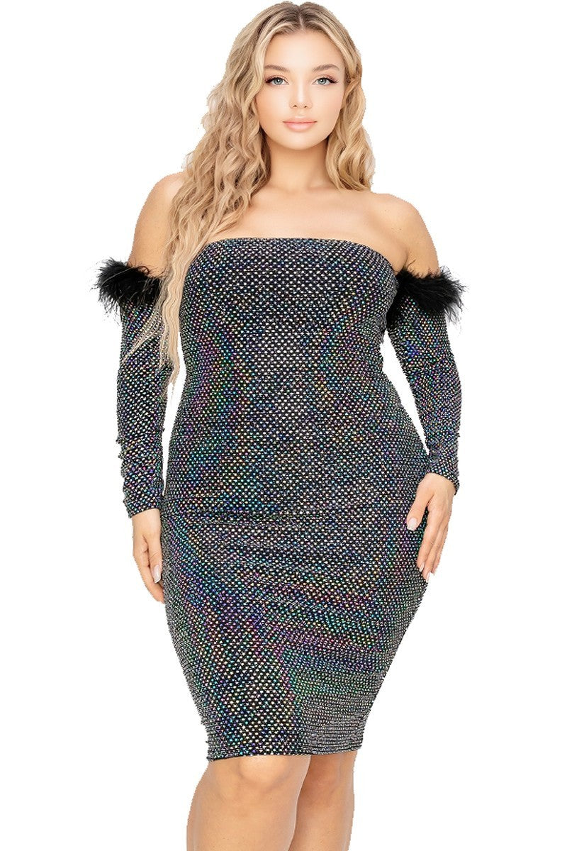 Plus Off Shoulder Feather Trim Detail Sequin Dress king-general-store-5710.myshopify.com