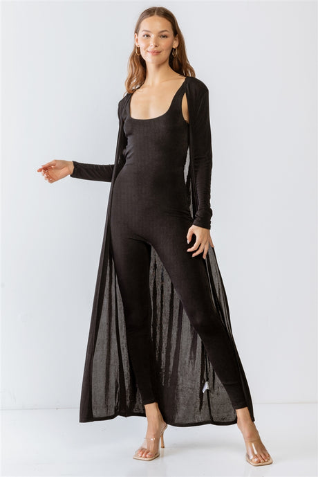 Black Sleeveless Slim Fit Jumpsuit & Open Front Long Sleeve Cardigan Set king-general-store-5710.myshopify.com