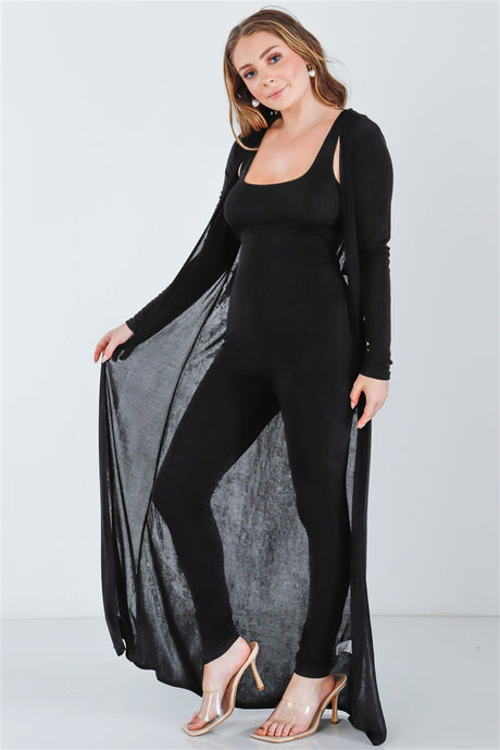 Black Sleeveless Slim Fit Jumpsuit & Open Front Long Sleeve Cardigan Set king-general-store-5710.myshopify.com