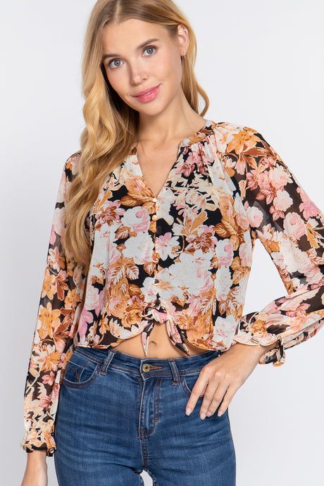 Black Front Tie Detail Print Woven Blouse king-general-store-5710.myshopify.com